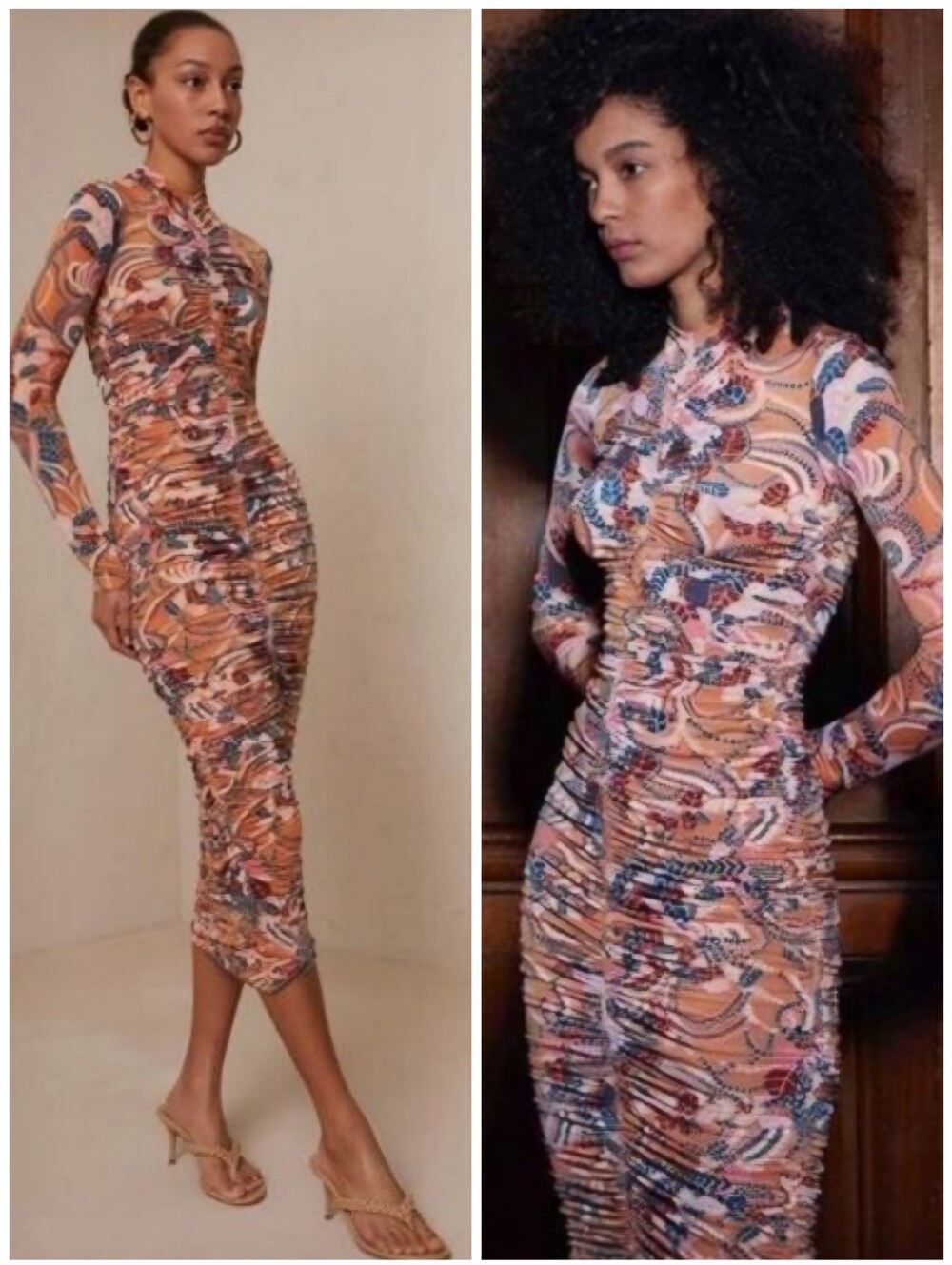 A.L.C. Ruched Orange Peach Blue Pattern Ansel Dress, M